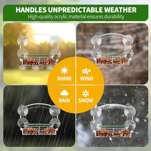Window Bird Feeder for Outdoors, Acrylic Bird Feeder with Strong Suction Cups, Perfect for Up-Close Viewing, Removable Seed Tray with Drain Holes to Keep Nuts Fresh & Dry, Clear
