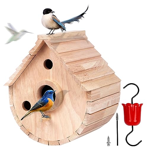 Wooden Bird House for Outside，3Holes Bird House for Bluebird Cardinals Wren Swallow, Hangding Birdhouse in Garder/Balcony/Courtyard (Wood Color) - color: Wood