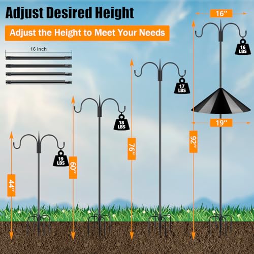 Heavy Duty Shepherds Hook Squirrel-Proof Bird Feeder Pole 92" Double Hooks 5-Prong Base & 19" Baffle for Outdoor Feeders & Plants - color: w/ Squirrel Baffle, size: 92" Double Hook
