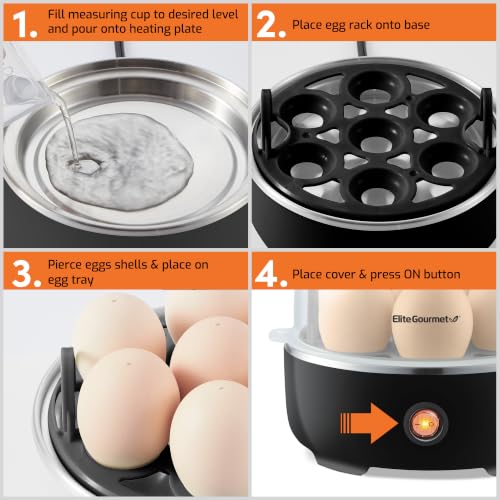 Elite Gourmet EGC115B Easy Egg Cooker, 7-Egg, BPA-Free, Classic Black | Cooks soft, medium, or hard-boiled eggs with auto shut-off - electric operation - includes measuring cup - color: Classic Black, size: 7 Egg