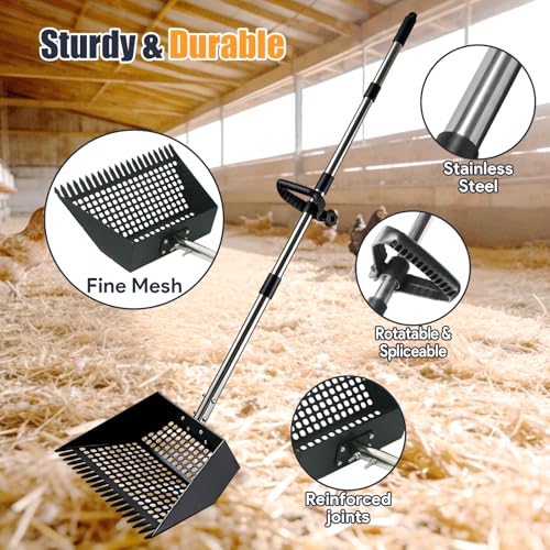 12" Wide Chicken Poop Scooper, 2-in-1 Chicken Poop Scoop Rake, Stainless Steel Scoop, Adjustable Handle, for Chicken Coop, Farm & Pet Waste Cleanup - color: 12" Wide, size: 63.0"L x 12.0"W x 3.0"H