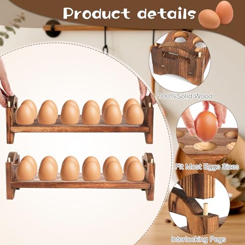 4-Tier Wooden Egg Holder Countertop, Egg Holder for Fresh Eggs, Farmhouse Kitchen Egg Tray Rack Holds 48, Firewood Stackable Egg Storage Basket with Carry Handle for Kitchen Refrigerator Counter