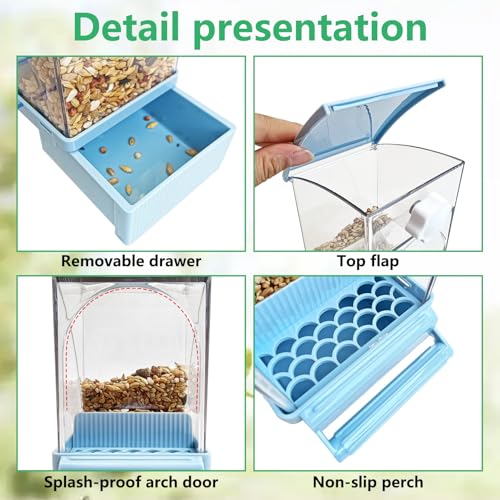 Hamiledyi Automatic Bird Feeder No Mess Bird Cage Feeder Transparent Acrylic Parrot Seed Food Container with Perch Cage Accessories for Parakeet Finch Lovebirds Budgies Canary (Blue) - color: Blue Transparent