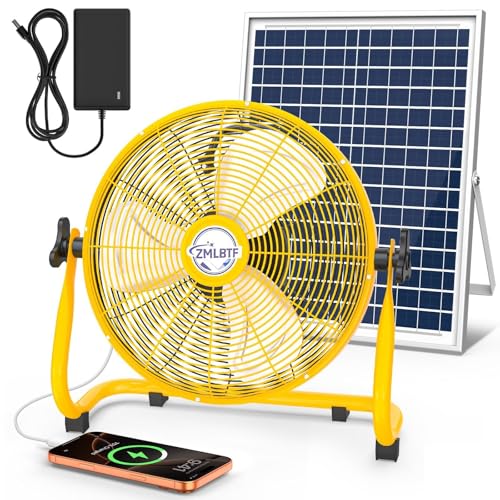 14" Solar Powered Fan with 20W Detachable Solar Panel, Yellow | Built-in Rechargeable Battery, Portable, 12 Speed, 360° Tilt for Outside, Camping, Greenhouse, Chicken Coop, Patio, gazebo - color: 14" Yellow