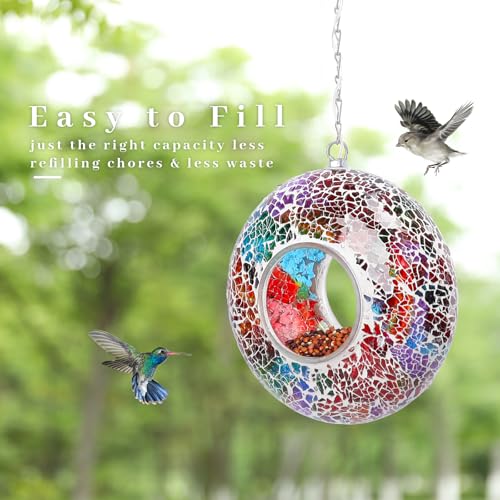 VCUTEKA Bird Feeder, Fly Through Mosaic Solar Birdfeeder for Garden Decor | 8" Mosaic Bird Feeders for Outside Hanging Round Shape Glass Container to Attract More Wild Bird Feeders for Bird Lovers - color: Multi