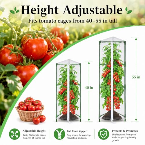 Halatool Garden Tomato Plant Cover Netting, Fits 40–55" Tomato Cages | Garden Bird Netting with Zipper & Drawstring, Insect Barrier, Plant Covers from Insects Animals, 2 Pack, 45"×15.7" - size: 45 Inch