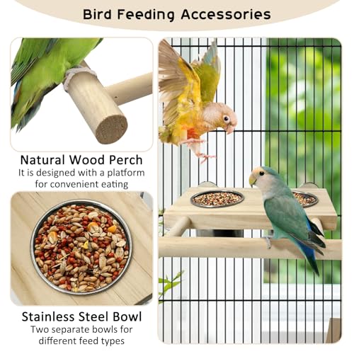 Tfwadmx Bird Feeding Dish Cups with Wooden Platform Hanging Stainless Steel Parrot Cage Feeder Bowl Wood Perch Stand for Parakeet Cockatiels Lovebirds Budgie (Small) - size: Log Perch