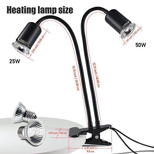 TFNN Reptile Heat Lamp, Double-Head Heat Lamp with Clamp, UVA UVB Reptile Light with Intelligent Cycle Timer for Turtle, Bearded Dragon, Lizard and More, 2 Bulbs 25W+50W