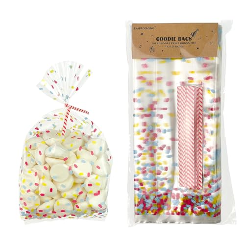 EKAPACKAGING 50 Pcs 4 X 9.5 Inches Sprinkle Print Goodie Bags Cellophane Candy Treat Bags With Ties - color: Sprinkle