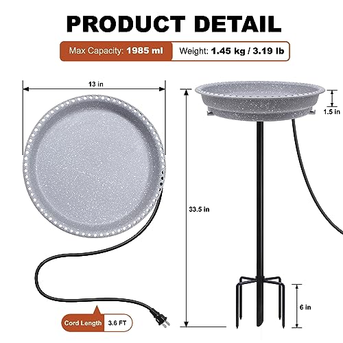 BIRD WISH Heated Bird Bath, Stable 5-Prong Metal Base Thermostat Control Weather Resistance All Seasons Available 75W Heated Bird Baths for Outdoors for Winter Garden Yard Patio Lawn, Spotted Grey - color: Spotted Grey