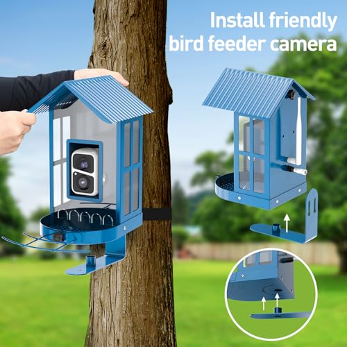 Bird Feeder with Camera with AI Identify Species, Wild Bird Watching, 2K Live View, Instant Arrival Alerts with 5W Solar Powered-Soliom BF08 Metal Blue - color: Blue Large