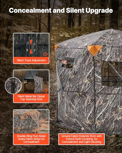 VEVOR Hunting Blind，See Through Ground Blinds with Carrying Bag, 360 Degree Portable Camouflage Tent，Durable Concealed Shelter with Silent Side Door and Window, for Turkey and Deer - size: 6-7 Person（288° See Through ）