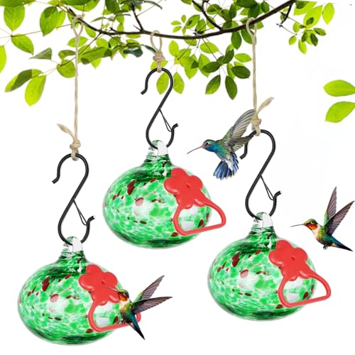 Pozfun Set of 3 Hummingbird Feeders for Outdoors Hanging,Hand-Blown Glass Hummingbird Feeder with Silicone Feeding Perch,Never Leak,Gardening Gifts for Woman Man(Green) - color: Green