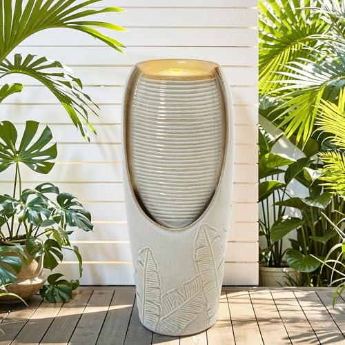 Autodaya 32"H Jar Ceramic Outdoor Water Fountain, Sand Beige Foilage Design | Artisan high-fired ceramic, warm LED ambient lighting, upgraded pump, soothing cascading water feature for garden patio yard - color: 32"h-leaf Pattern Beige Glaze