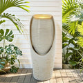 Autodaya 32"H Jar Ceramic Outdoor Water Fountain, Sand Beige Foilage Design | Artisan high-fired ceramic, warm LED ambient lighting, upgraded pump, soothing cascading water feature for garden patio yard - color: 32"h-leaf Pattern Beige Glaze