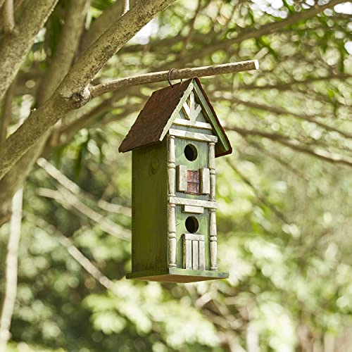 Glitzhome 12.75" H Hanging Green Two-Tiered Distressed Wooden Garden Bird House - color: 12.75"H Two-Tiered