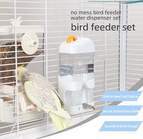 No-Mess Bird Feeder & Waterer Set for Cage, 300ml Auto Feeder with Seed Hull Catcher & 400ml Stainless Steel No-Backflow Drinker, for Cockatiels Conures Parakeets