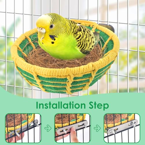 KATUMO Bird Nest, 5.3in Conure Breeding Nest Parrot Bed with Natural Coconut Fiber Bedding for Budgie, Parakeet, Cockatiel, Conure, Lovebird, Canary, Finch, Small Birds - color: Green+Yellow