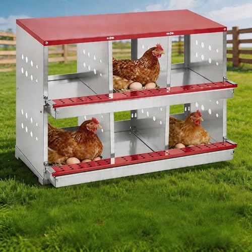 37.8" Metal Chicken Nesting Box, 6-Compartment 2-Tier Poultry Nest Box with Perch and Ventilation Holes, Red Roof Hen Laying Box for Up to 6 Chickens - color: Red A, size: 37.8"L x 18.9"W x 28.0"H