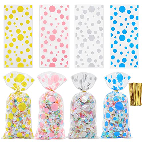 Polka Dot Cellophane Bags, 100pcs Clear Treat Bags, Plastic Christmas Cello Bags Sweets Bags with 100 Twist Ties for Goodie, Cookies, Nut, Wedding Birthday Easter Party Favor Supplies (4 Pattern)