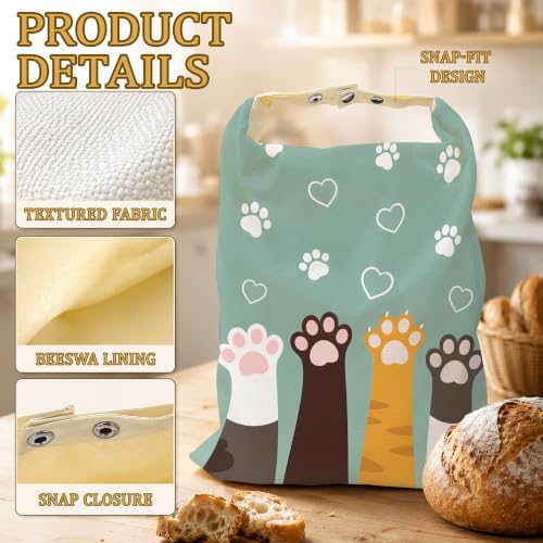 2 Pack Reusable Beeswax Funny Cat Feet Bread Bags, Sourdough Bread Heart Paws Storage for Homemade, Freezer Storage Bag to Keep Fresh, Baguette Bag with Beeswax Liner Kitchen Baking - color: Funny Cat Feet