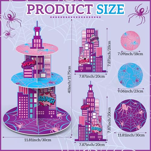 3 Tier Spider Cupcake Stand Decoration Pink Spider Web Cupcake Tower Purple Blue Spiderweb Table Decoration Cityscape Dessert Holder Table Display for Birthday Party Baby Shower Supplies - style: Faddish