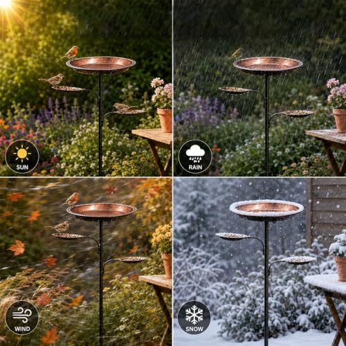 Outdoor Standing Bird Bath with 2 Feeder Bowls, 12 Inch Deep Basin for Wild Birds, Weatherproof Metal Birdbath with Upgraded 5-Prong Stake Base