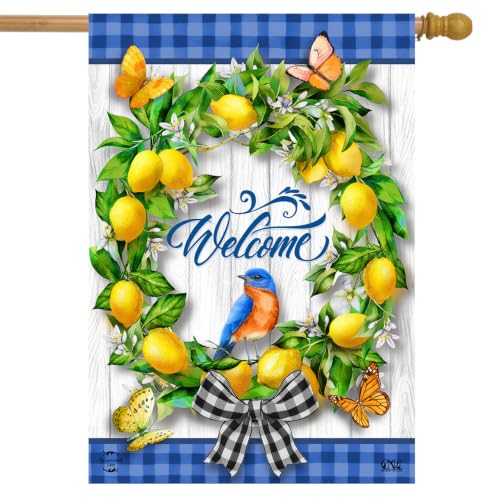 Lemon Wreath Spring House Flag Welcome Bluebird 28" x 40" Briarwood Lane - color: Lemon Bird