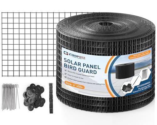 Solar Panel Bird Guard 6 in x 50 ft for Squirrel, Bird, Critters Proofing | Critter Guard for Solar Panels with 100 Pcs Stainless Steel Fasteners, Removable PVC Coated Pigeon Netting Wire - size: 6inch x 50ft