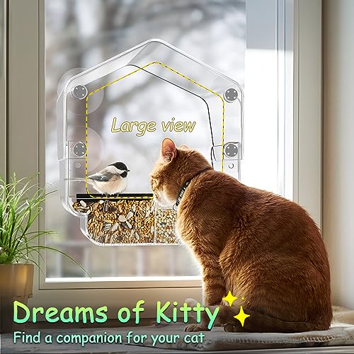 Ermete Window Bird Feeder with Strong Suction Cups, Large View Clear Feeder, Seed Tray, 13in x 5.5in x 4.2in for Outside Weather Proof (S2)