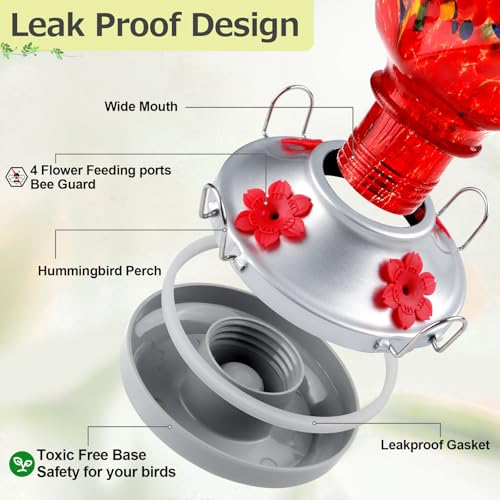 Hummingbird Feeder for Outdoors with Ant Moat, Hummingbird Feeder, Hand Blown Glass, 4 Bee Guard Feeding Ports with Perch, Outdoor Garden Décor, 16OZ, Red, Gifts for Mom Wife Dad Men Women - color: Red & Yellow