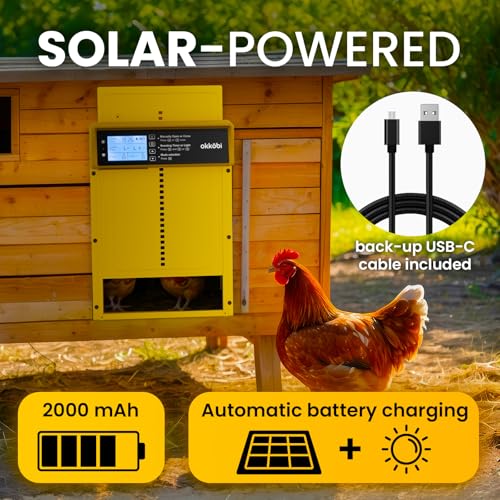 Okkobi Automatic Chicken Coop Door Solar Powered - LCD Display - Chicken Coop Door with Remote Control, Light Sensor & Timer - Security & Peace of Mind: Anti-Pinch Function - 5-Year Protection - color: Yellow