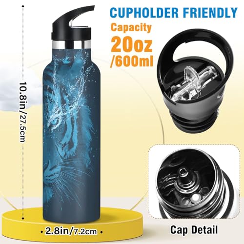Tigers Water Bottles for Boys Tiger Leakproof Insulated Flask Jug Insulated Stainless Steel Travel Mugs Thermos Bottle Cups with Straw Lid for Sport 600ml - color: tigers face