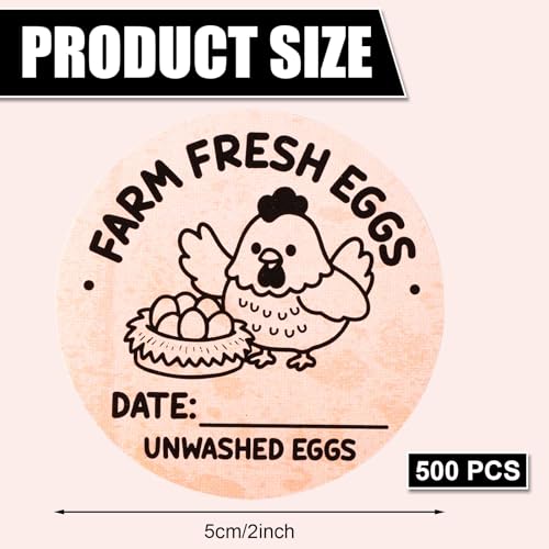 500pcs Farm Fresh Egg Stickers, 2" Round Self-Adhesive Unwashed Egg Stamps Packaging Labels Carton Labels with Collection Date for Farm Chicken Duck Supplies