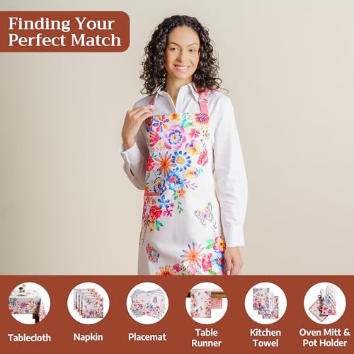Maison d' Hermine Aprons for women with Pocket 100% Cotton (27.50"x31.50") | Adjustable Neck Strap & long ties Apron Men Chef Wedding Cooking Gardening Server Maid - color: 026 - Happy Florals - High Summer