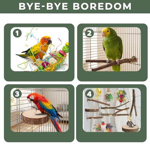12 Pcs Natural Bird Perches and Shreddable Parakeet Toys, Essential Parrot Cage Accessories with 8 Wood Standsand 4 Shreddable Parakeet Toys, Foraging Shredder and Bird Accessories for Cages - size: 12 Pack
