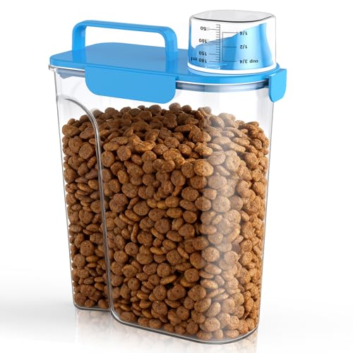 Uppetly Dog Cat Food Storage Container, 5-7Lbs Pet Food Containers, Airtight Cat Food Container with Portable Handle & Measuring Cup, Small Animal Dry Food Dispenser for Dogs, Cats and Birds - color: Blue
