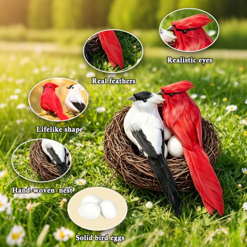Artificial Red Cardinal Birds with Nest & Eggs - Real Feathers Clip On Mini Bird Figurines Realistic Ornaments for Christmas Tree Easter Wreath Garden Home Decor Crafts Gifts for Bird Lovers