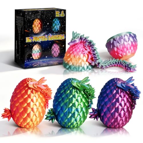 Impossmaker 4pcs 3D Printed Dragon Eggs, Cool Articulated Crystal Dragon Toys for Boys Kids Teen, Surprise Dinosaur Eggs for Party Favors, Fun Goodie Bag Stuffers for Birthdays, Classroom Prizes - style: 4P
