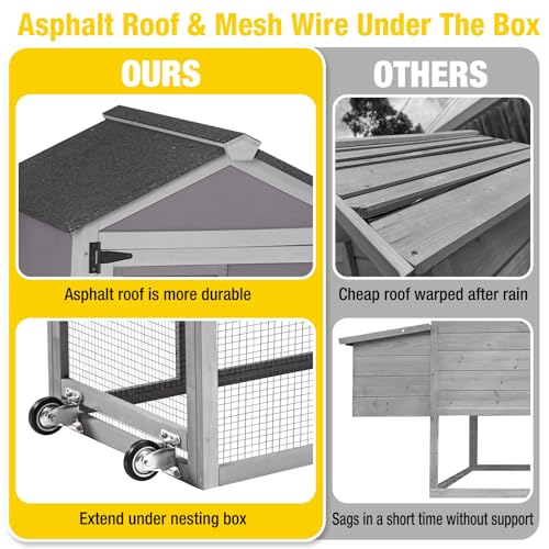 80.5’’ Outdoor Chicken Coop, Mobile Chicken Tractor with Wheels, Large Poultry Hen Cage with Nesting Box, Waterproof Roof and Sliding Out Tray, Wooden Chicken House for 2-4 Chickens - color: Grey, size: 79.1"L x 25.2"W x 43.6"H