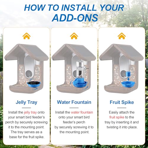 3 in 1 Nutrition Set, Compatible with Bird Buddy Feeders, Outdoor Bird House Accessories with Water Fountain, Fruit Spike & Jelly Tray Feeder, Easy to Attach