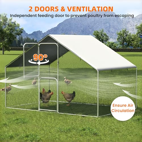 UDPATIO Large Metal Chicken Coop Walk in Run House Pen Galvanized Frame | Double Feed Door UV-Resistant Cover Outdoor Cage for Bird Duck Rabbit Hen 6-10 Silver M - size: 120.0"L x 72.0"W x 72.0"H