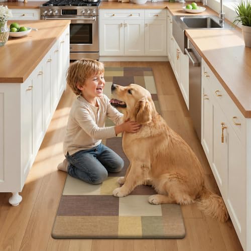 Anti Fatigue Kitchen Mat, Non Slip Cushioned Standing Floor Mat, Waterproof Kitchen Runner Rug, Farmhouse Comfort Padded Mat for Sink, Laundry, Office, Tan&Brown, 24''x71'' - color: Tan&brown