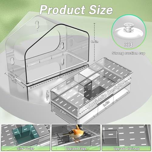 Clear Window Bird Feeder with 3 Strong Suction Cups and Detachable Seed Tray, Sturdy Acrylic Bird Feeders for Viewing Wild Birds Outside, and Garden Decor, Outdoor Birdhouse Feeder