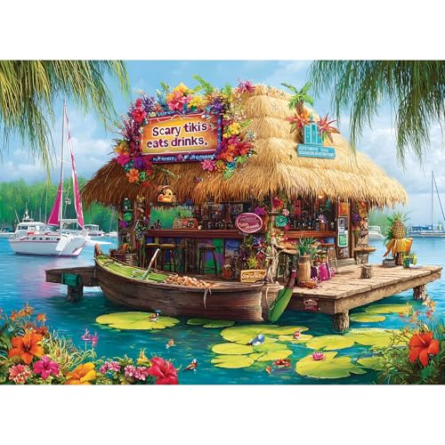 500 Piece Puzzle for Adults, Vacation Jigsaw Puzzle, Seaside Bar Puzzles | Tropical Island Tiki Bar Puzzle 500 Pieces, Relaxing Coastal Scene Puzzle for Adults and Family Game Night - style: Island Bar
