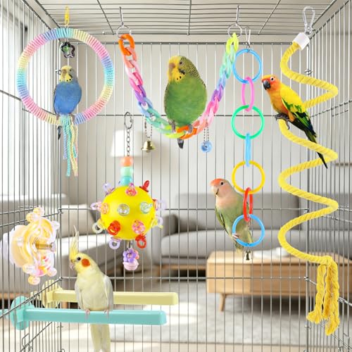Parakeet Toys Set 8 Pcs Cotton Rope Hanging Swing Colorful Spinning Chewing Standing Perch Parrot Toys Bird Cage Accessories Bird Toy for Lovebird Cockatiel Budgie Finches