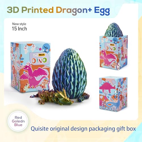 15" 3D Printed Dragon Egg with Articulated Dragon Inside,Crystal Dragon Toys, Poseable Fantasy Collectible Figures for Kids Ages 6-12, Boys Girls Birthday Gift, Party Favor - color: Red Yellow Blue, size: Large