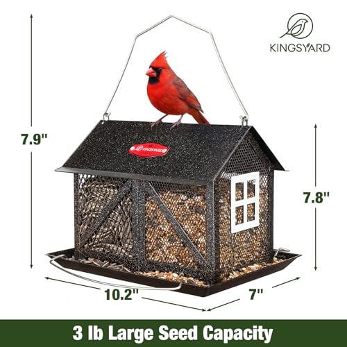 Kingsyard Metal Bird Feeder for Outdoors Hanging, 2-in-1 Wild Bird Feeder with Seed Tray & Built-in Perch, 5 lb Large Capacity for Cardinal Chickadee Finch, Black