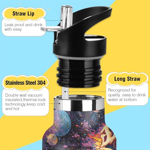 Dinosaur Water Bottles for Boys Oil Painting Leakproof Insulated Flask Jug Insulated Stainless Steel Travel Mugs Thermos Bottle Cups with Straw Lid for Sport 600ml - color: oil painting t-rex running