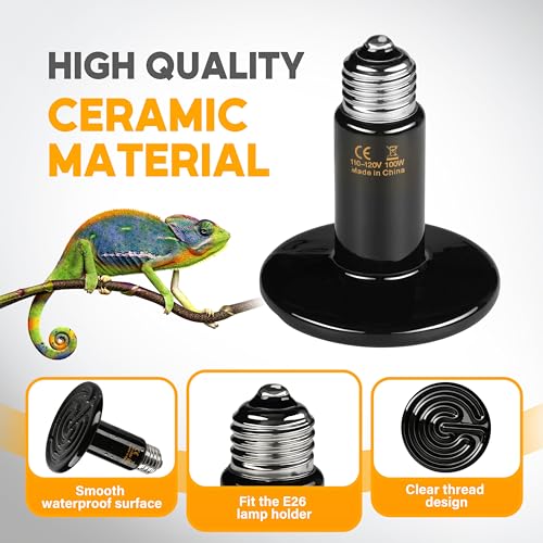 HealSmart 100W Reptile Heat Lamp Ceramic Heat Emitter, No Light Emitting Heat Bulbs, Suitable for Snake/Lizard/Spider, Plant Growth and Incubating Chicken, 2-Pack - size: 100 Watts, style: D-75mm (2.95")